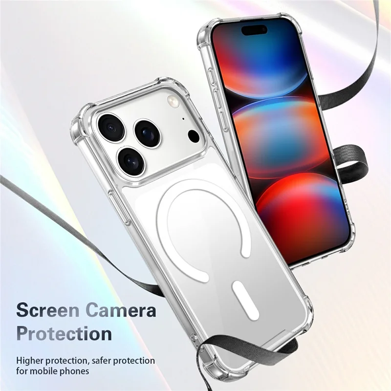 For iPhone 18 Pro Magnetic Case TPU + Acrylic Air Cushion Corners Protective Phone Cover with 2Pcs Camera Protector + 2Pcs Screen Protector - Transparent