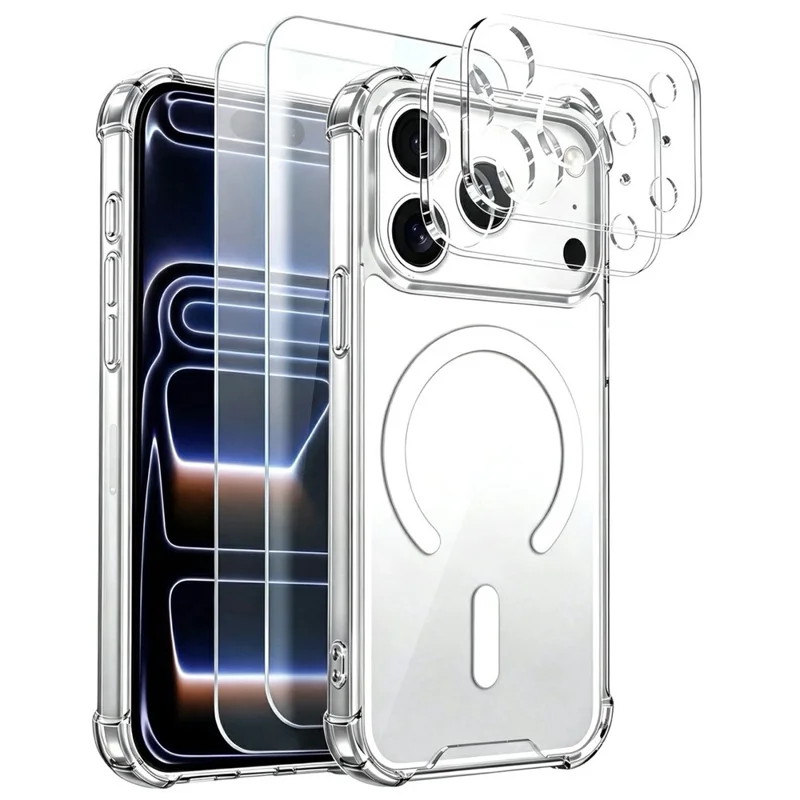 For iPhone 18 Pro Max Magnetic Case TPU + Acrylic Air Cushion Corners Protective Phone Cover with 2Pcs Camera Protector + 2Pcs Screen Protector - Transparent
