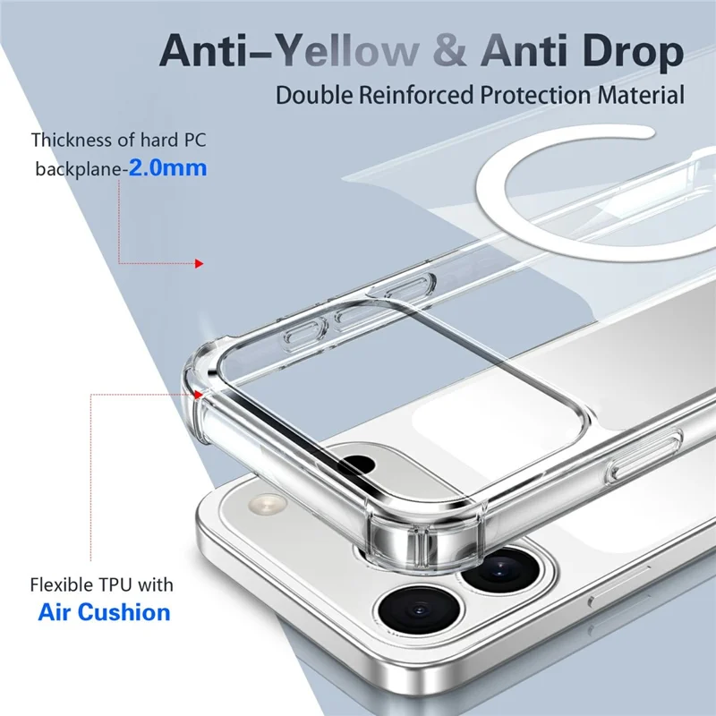 For iPhone 18 Pro Max Magnetic Case TPU + Acrylic Air Cushion Corners Protective Phone Cover with 2Pcs Camera Protector + 2Pcs Screen Protector - Transparent