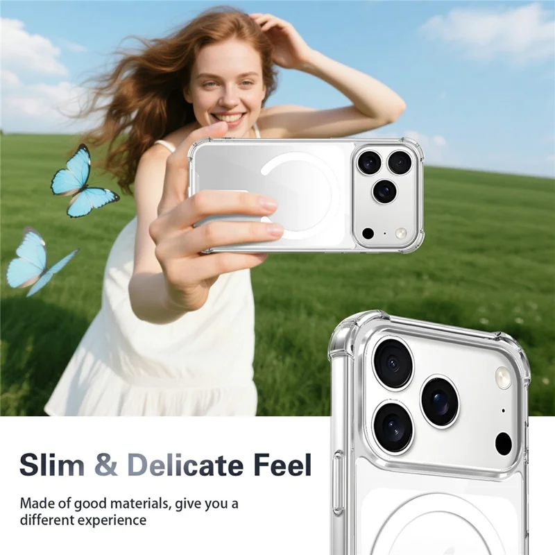 For iPhone 18 Pro Max Magnetic Case TPU + Acrylic Air Cushion Corners Protective Phone Cover with 2Pcs Camera Protector + 2Pcs Screen Protector - Transparent