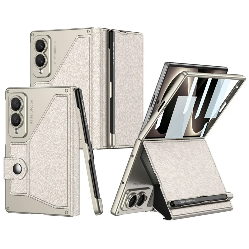 GKK Per Samsung Galaxy Z Fold8 Custodia Protettiva con Supporto in Pelle PU con Scomparto per Penna e Fessura per Carte con Pellicola in Vetro Temperato - Grigio Titanio