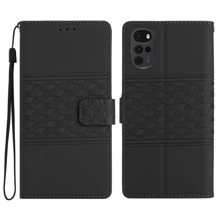 Para la Caja de Teléfono Retro a Prueba de Conmoción de Motorola Moto G22, Con el Teléfono Retro a Prueba de Golpes, PU Cuero de Cuero Imprimido Flip Stand Cover Con Correa - Negro