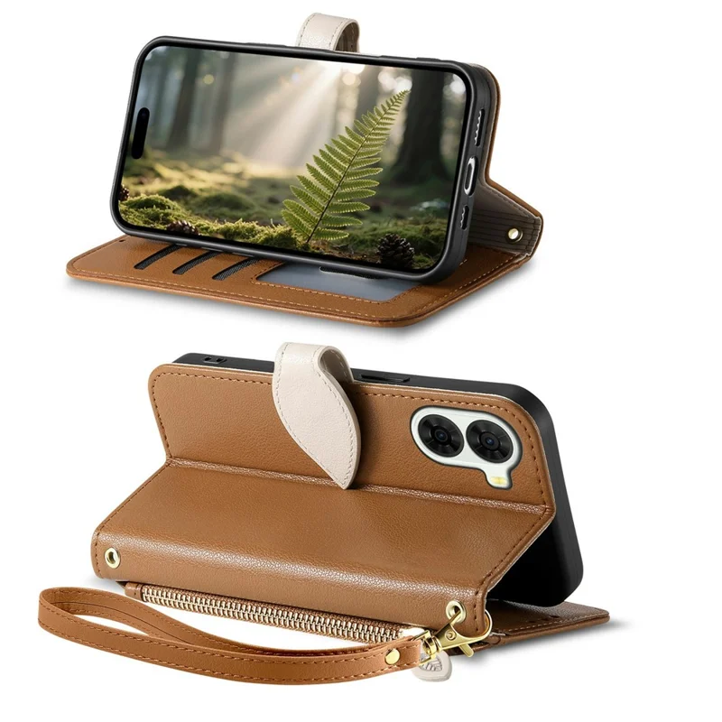 For ZTE nubia S2 Stand Case Leaf Shape Magnetic Clasp Leather Phone Cover with Hand Strap - Brown