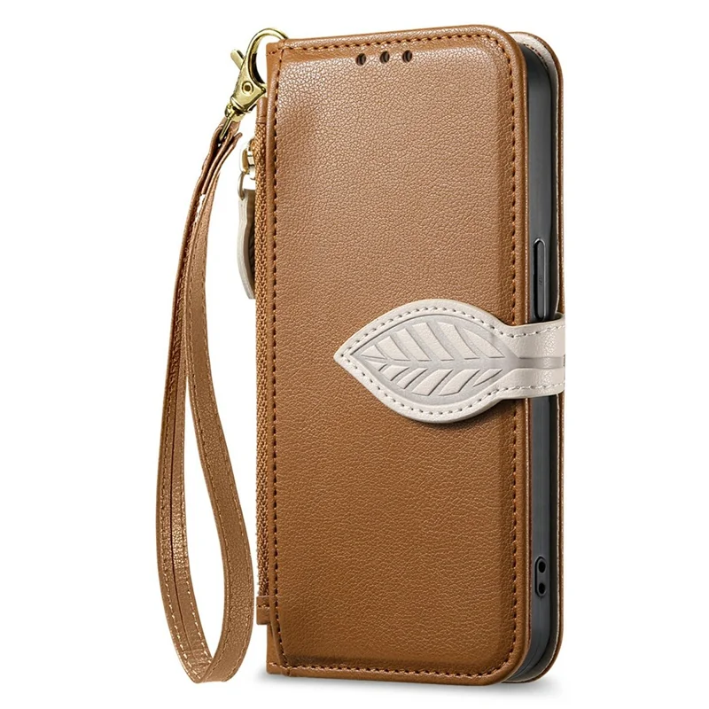 For ZTE nubia S2 Stand Case Leaf Shape Magnetic Clasp Leather Phone Cover with Hand Strap - Brown