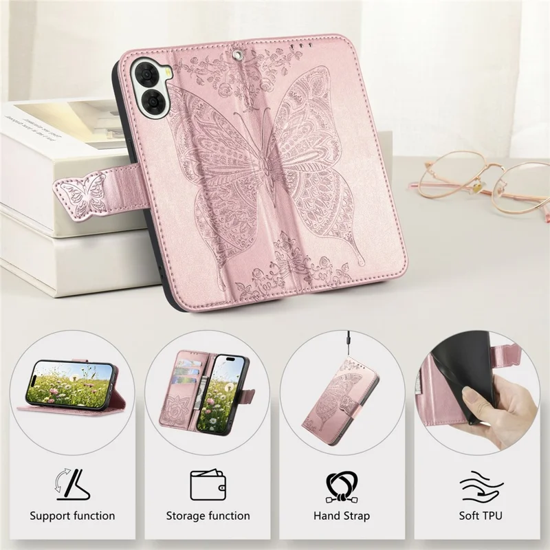 For ZTE nubia S2 Case with Strap Butterfly Pattern PU Leather Wallet Phone Cover - Rose Gold