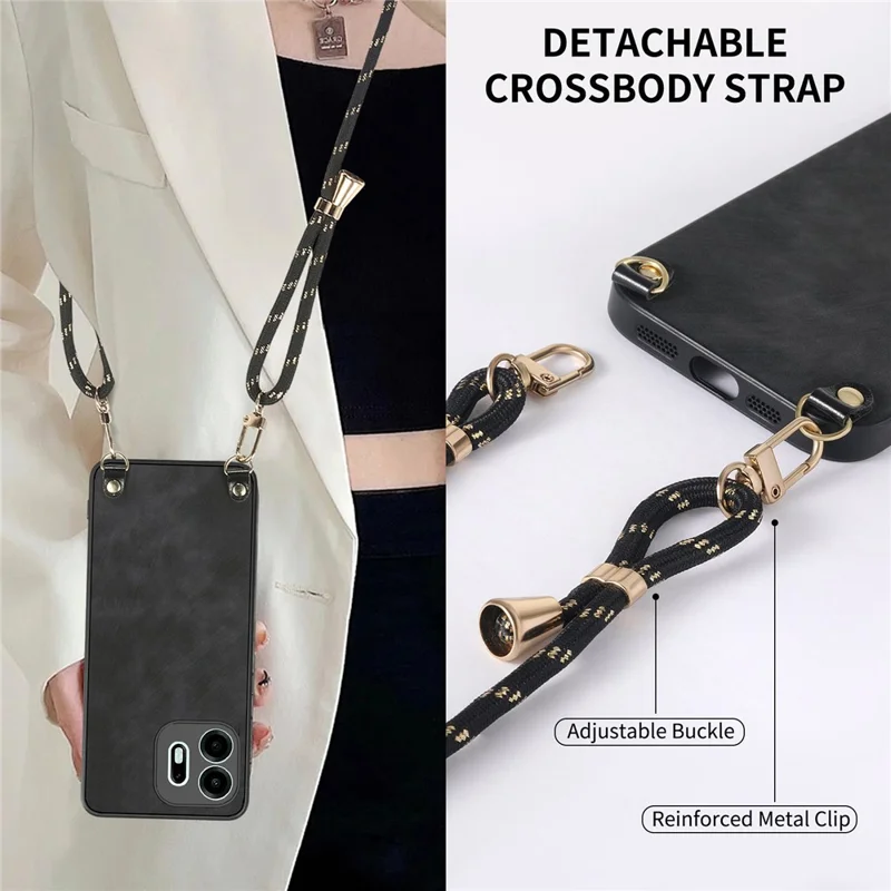 For OnePlus N6 4G Case Retro Leather Phone Back Cover with Adjustable Strap - Black