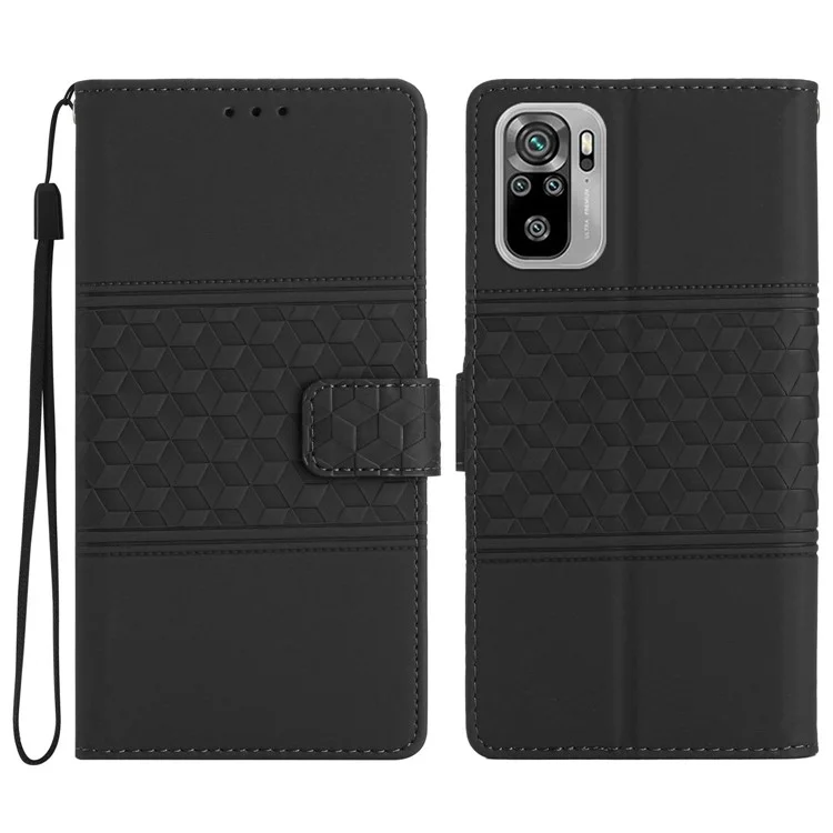 PU Leather Phone Flip Wallet Cover for Xiaomi Redmi Note 10 4G / Redmi Note 10S 4G / Poco M5s 4G Skin-touch Feeling Retro Imprinted Pattern Stand Phone Case with Strap - Black