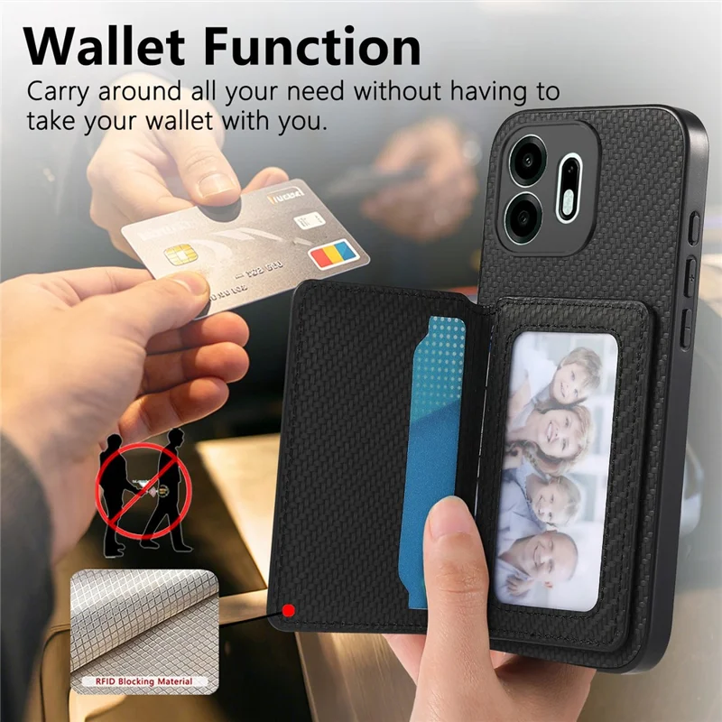 For OnePlus N6 4G Case RFID Blocking Carbon Fiber Leather Phone Back Cover with Card Holder - Black