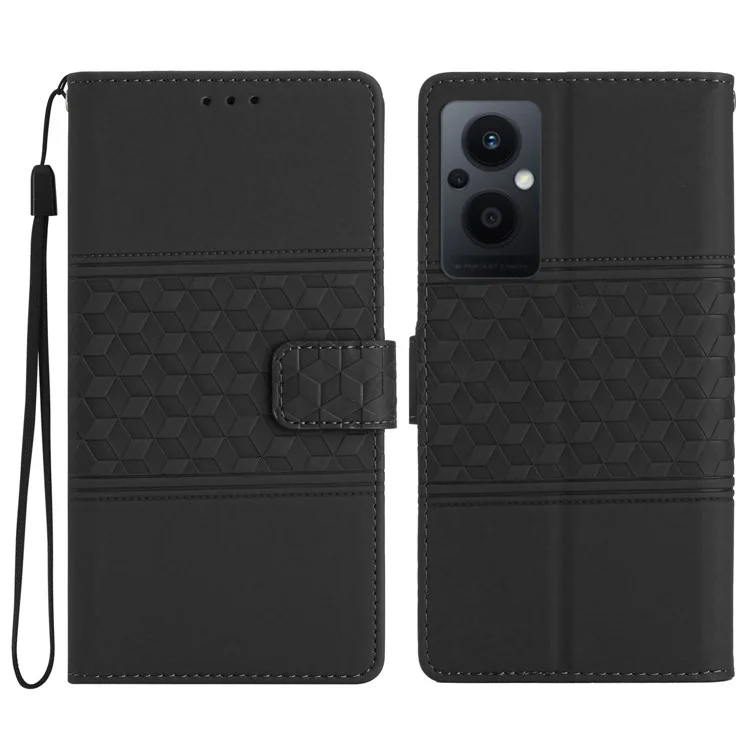 Cubierta Telefónica de Patrón Retro de Cuero de PU Para Oppo Reno8 Lite 5G / Reno7 Z 5G, Flip Wallet Stand Case de Teléfono a Prueba de Choque Con Correa - Negro