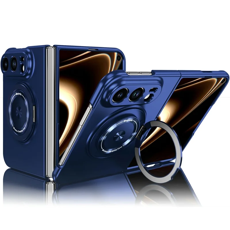 For iPhone Fold Magnetic Case Hard PC Folding Phone Cover Rotatable Ring Holder - Sapphire