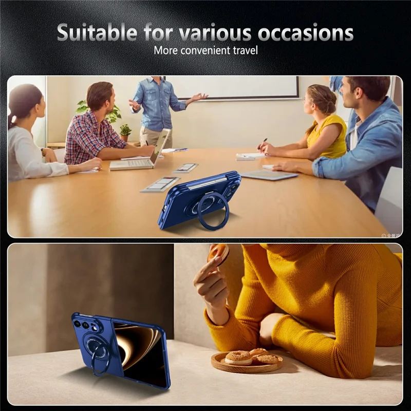 For iPhone Fold Magnetic Case Hard PC Folding Phone Cover Rotatable Ring Holder - Sapphire