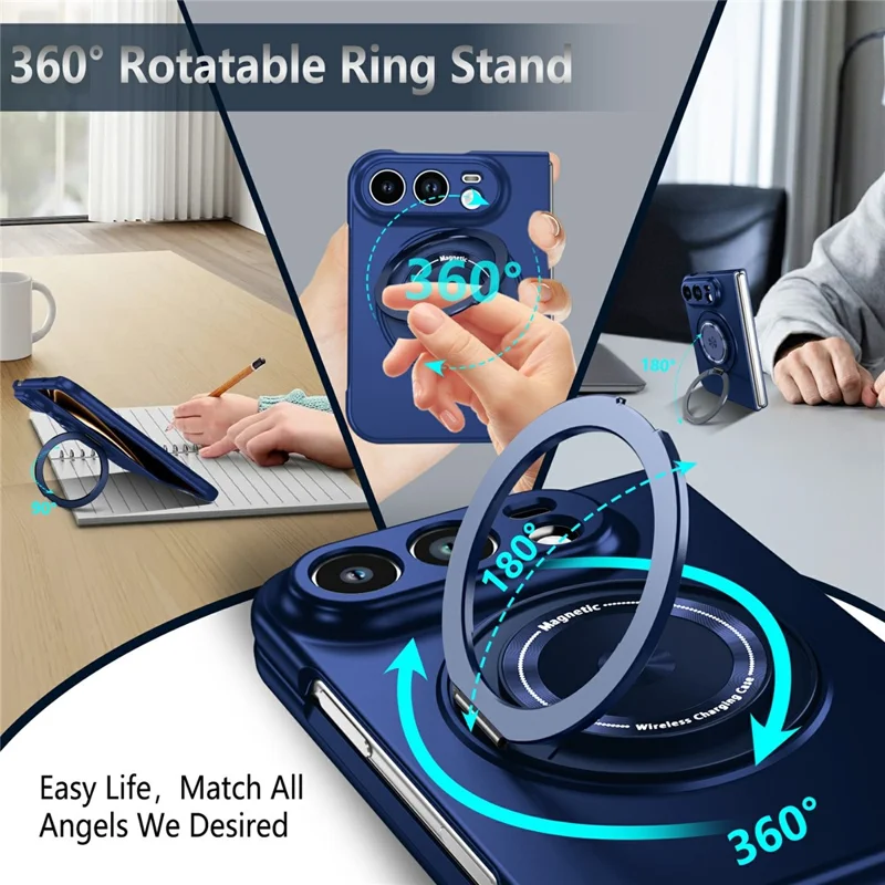For iPhone Fold Magnetic Case Hard PC Folding Phone Cover Rotatable Ring Holder - Sapphire