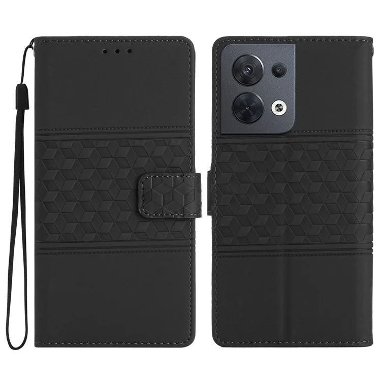Für Oppo Reno8 5G (Global Version) Anti-Kratzer Handyhülle Brieftasche Retro Geprägtes Muster Ständer Hautfreundliches Flip-Handyhülle mit Riemen - Schwarz