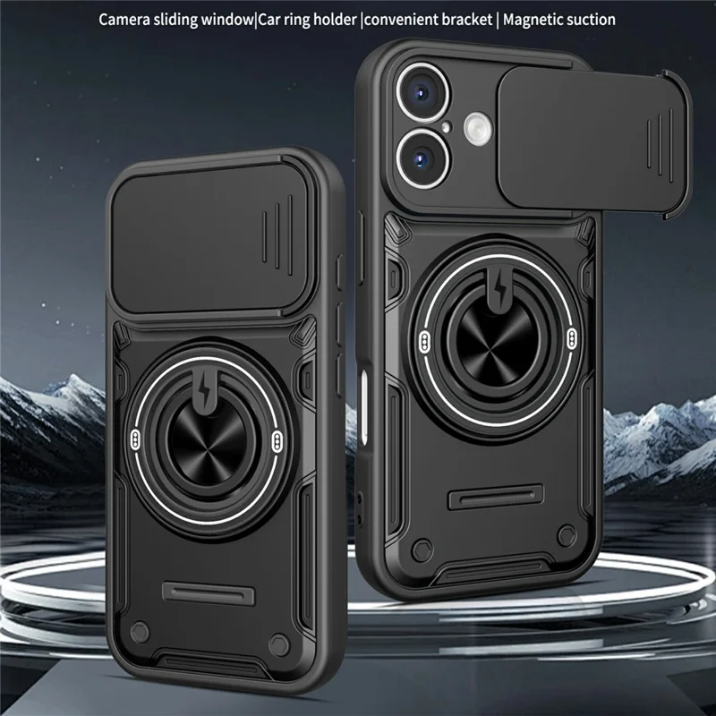For iPhone 16 Magnetic Case Sliding Camera Cover TPU+PC Phone Cover with Rotating Kickstand - Black