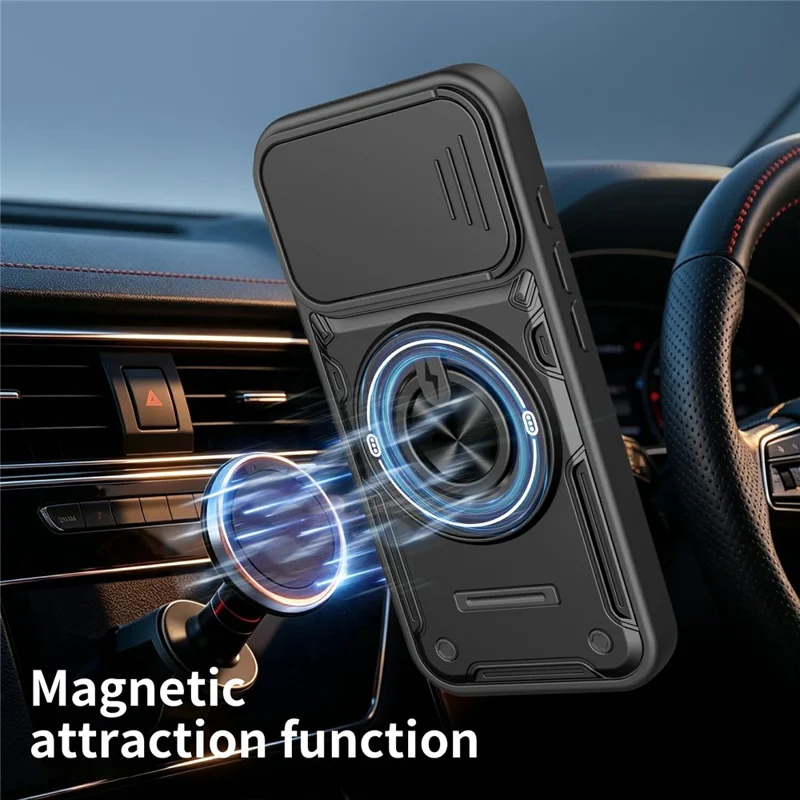 For iPhone 16 Magnetic Case Sliding Camera Cover TPU+PC Phone Cover with Rotating Kickstand - Black