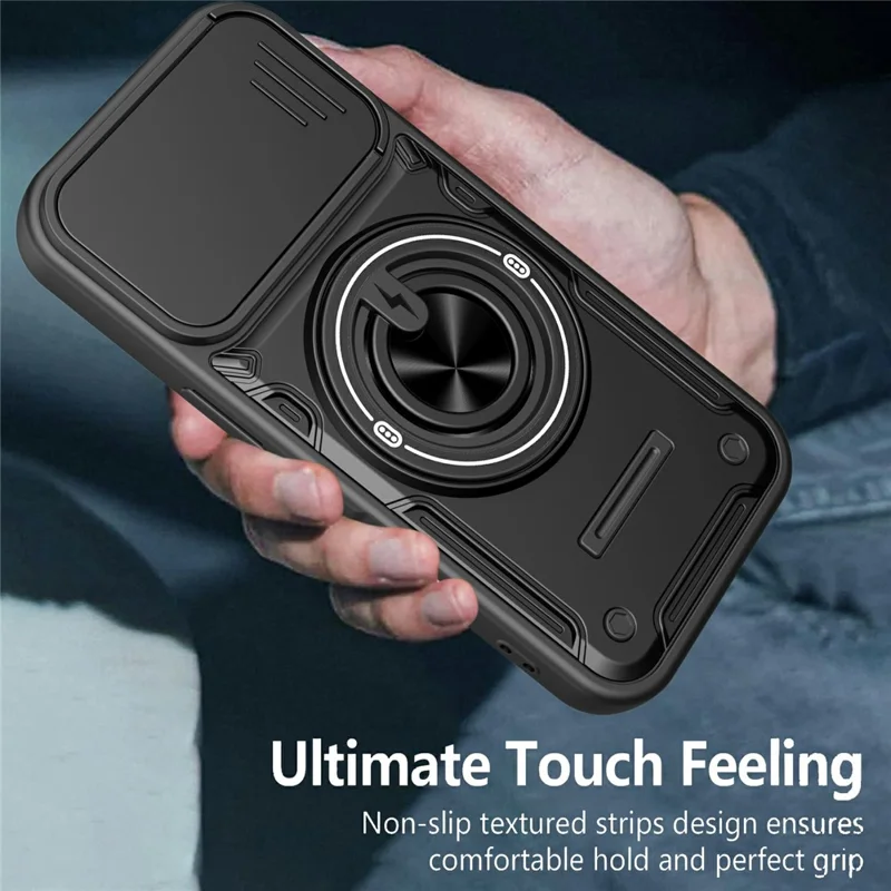 For iPhone 16 Magnetic Case Sliding Camera Cover TPU+PC Phone Cover with Rotating Kickstand - Black