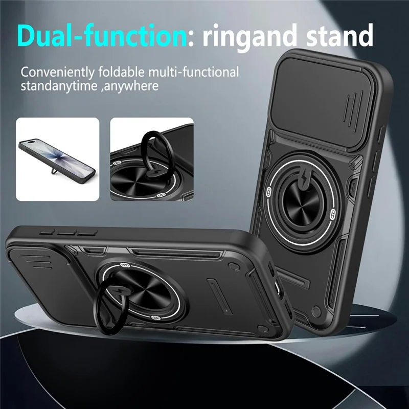 For iPhone 16 Magnetic Case Sliding Camera Cover TPU+PC Phone Cover with Rotating Kickstand - Black