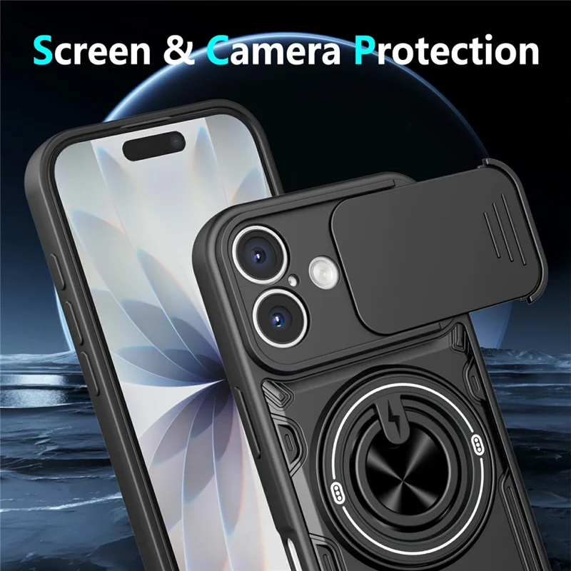 For iPhone 16 Magnetic Case Sliding Camera Cover TPU+PC Phone Cover with Rotating Kickstand - Black