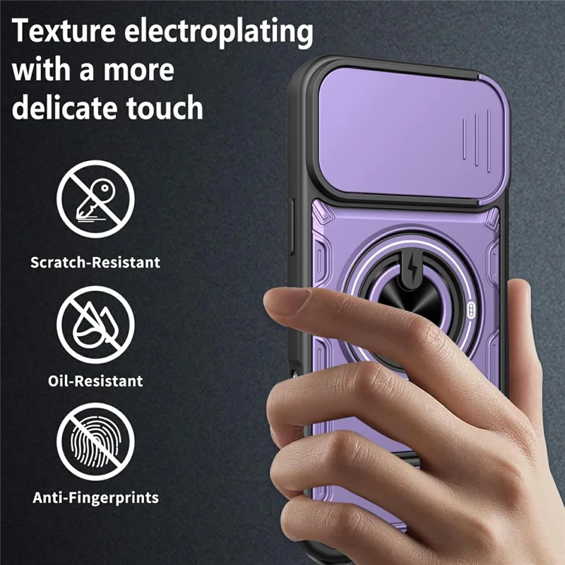 For iPhone 16 Pro Magnetic Case Sliding Camera Cover TPU+PC Phone Cover with Rotating Kickstand - Purple
