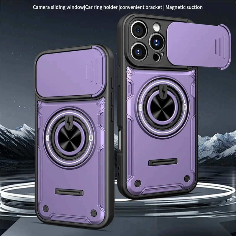 For iPhone 16 Pro Magnetic Case Sliding Camera Cover TPU+PC Phone Cover with Rotating Kickstand - Purple