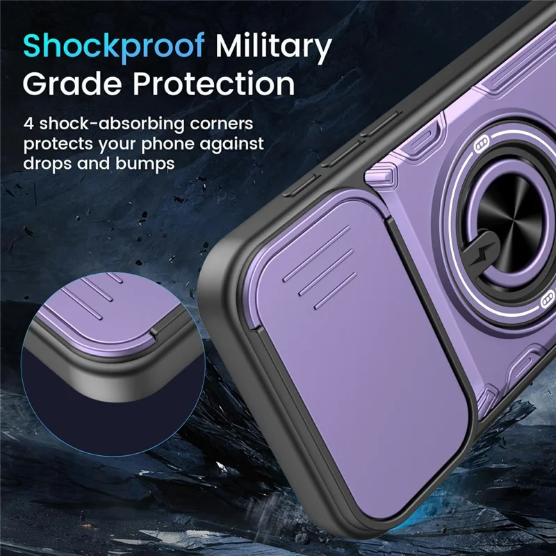 For iPhone 16 Pro Magnetic Case Sliding Camera Cover TPU+PC Phone Cover with Rotating Kickstand - Purple