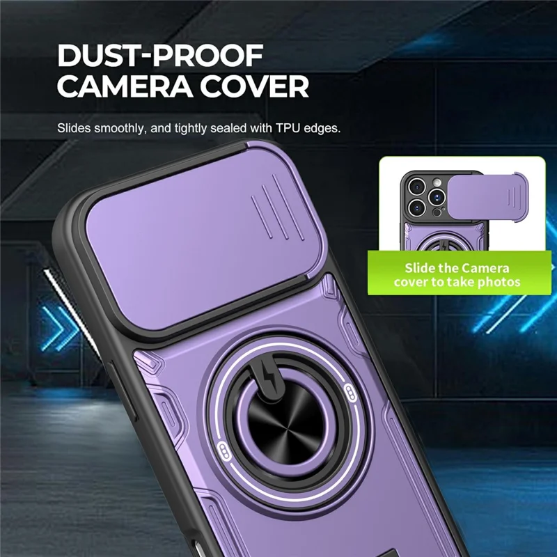 For iPhone 16 Pro Magnetic Case Sliding Camera Cover TPU+PC Phone Cover with Rotating Kickstand - Purple