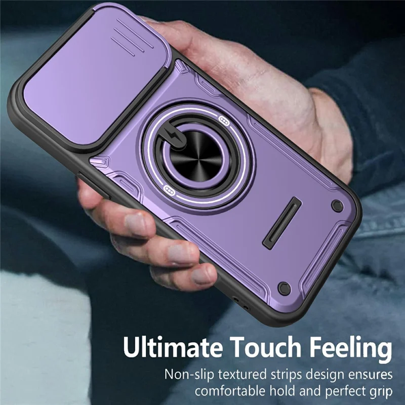 For iPhone 16 Pro Magnetic Case Sliding Camera Cover TPU+PC Phone Cover with Rotating Kickstand - Purple