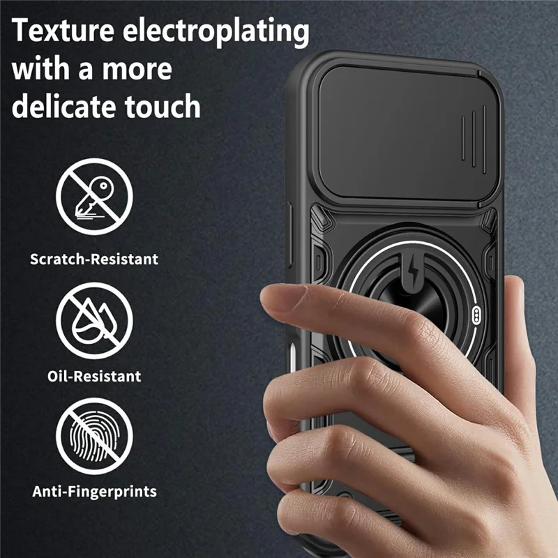 For iPhone 17 Magnetic Case Sliding Camera Cover TPU+PC Phone Cover with Rotating Kickstand - Black