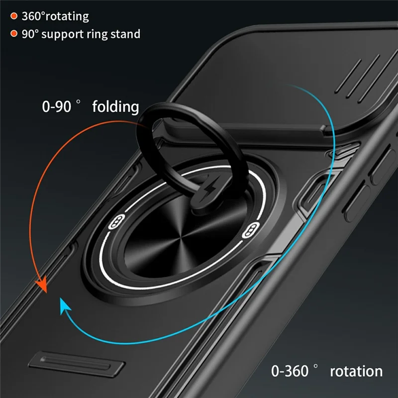 For iPhone 17 Magnetic Case Sliding Camera Cover TPU+PC Phone Cover with Rotating Kickstand - Black
