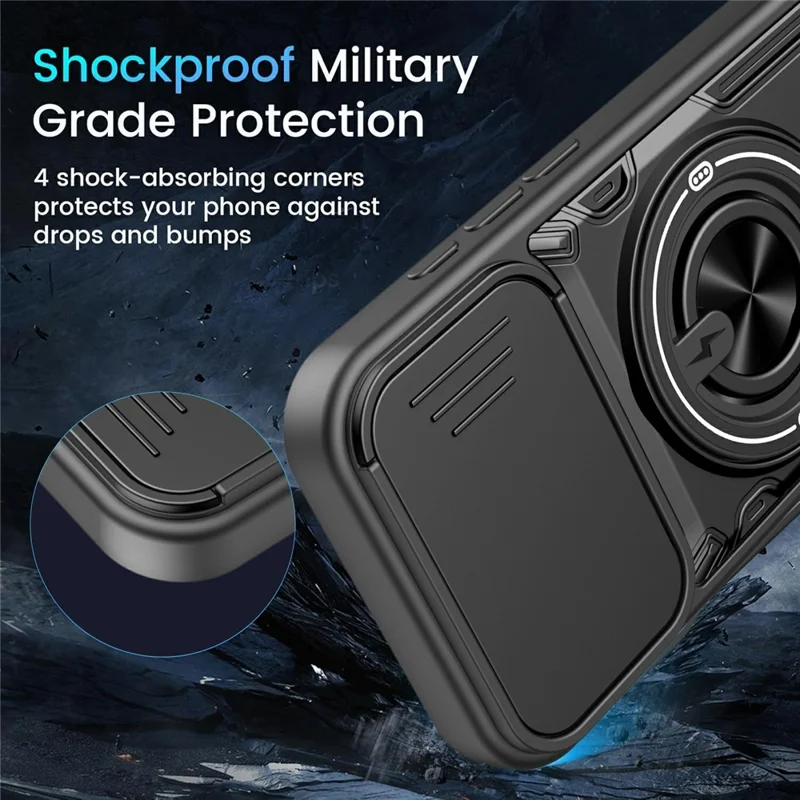 For iPhone 17 Magnetic Case Sliding Camera Cover TPU+PC Phone Cover with Rotating Kickstand - Black