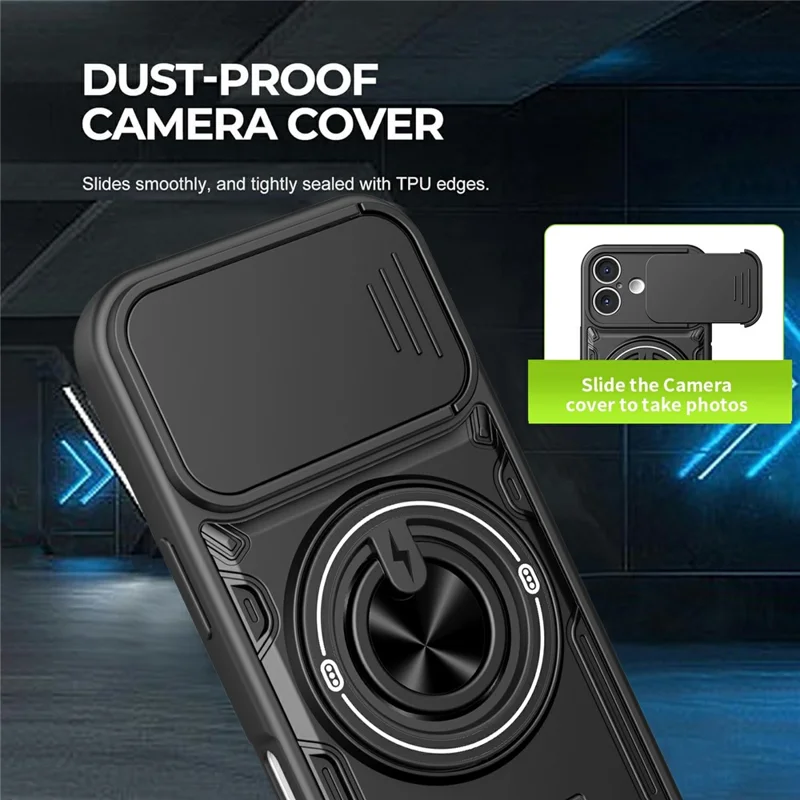 For iPhone 17 Magnetic Case Sliding Camera Cover TPU+PC Phone Cover with Rotating Kickstand - Black