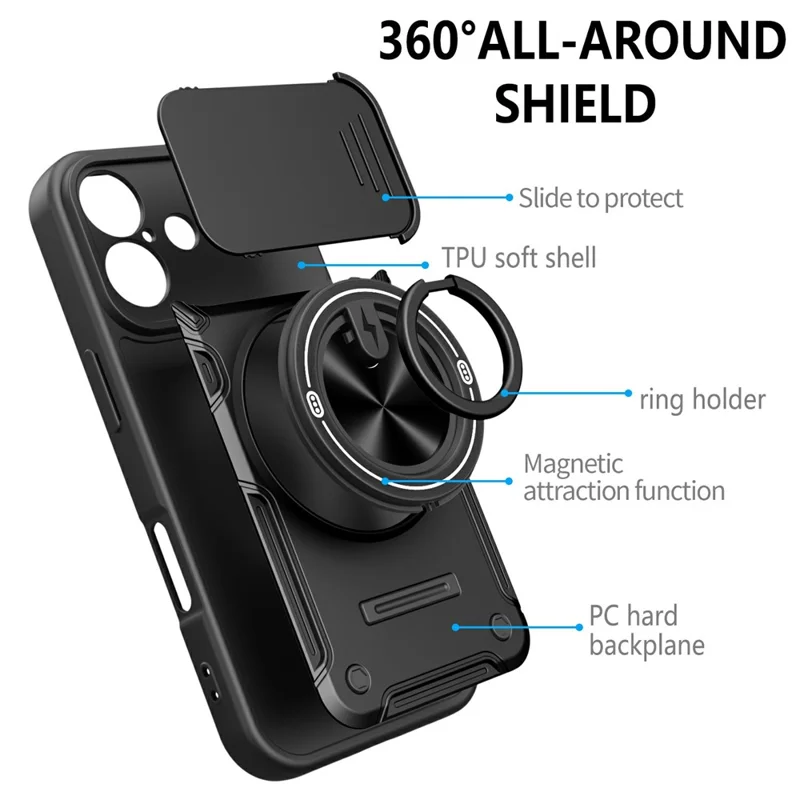 For iPhone 17 Magnetic Case Sliding Camera Cover TPU+PC Phone Cover with Rotating Kickstand - Black