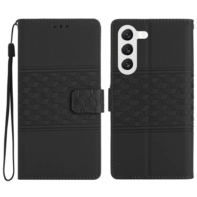 Skin Touch Feeling Phone Cover For Samsung Galaxy S23 Retro Imprinted Pattern PU Leather Cell Phone Case Wallet Stand with Strap - Black