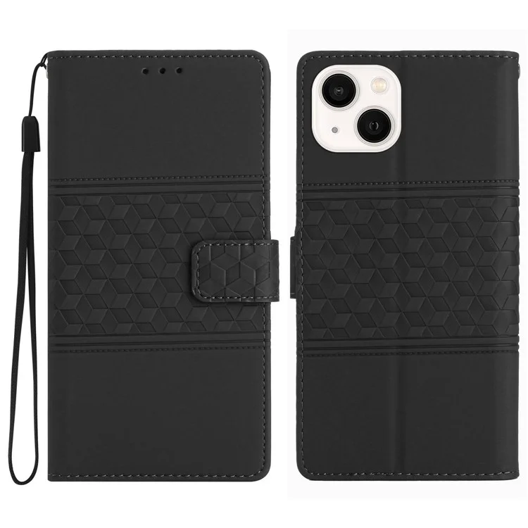 Case de Teléfonos Celulares de Cuero PU Para Iphone 14 Plus Retro Imprimido Patrón Stand Willet Skin Touch Feeling Anti-shock Cover With Strap - Negro