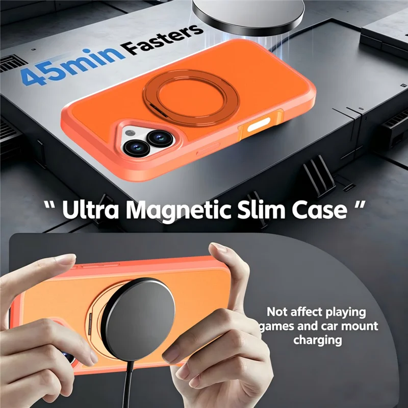 For iPhone 17 Magnetic Case Rotating Kickstand PC + TPU Anti-Drop Phone Cover - Orange