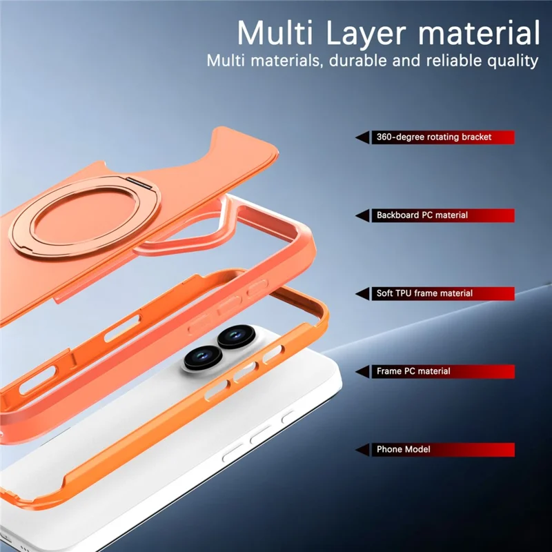 For iPhone 17 Magnetic Case Rotating Kickstand PC + TPU Anti-Drop Phone Cover - Orange