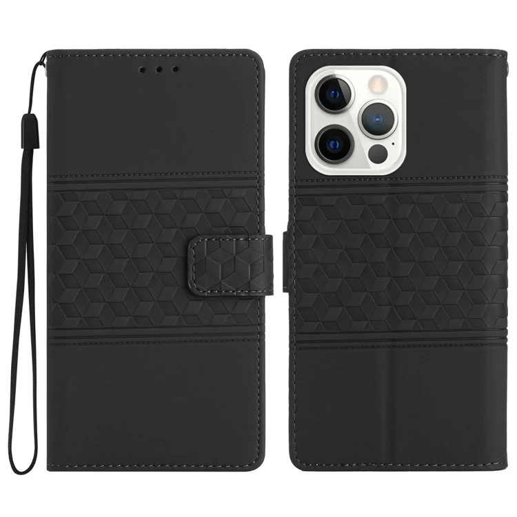 Pour Iphone 13 Pro 6,1 Pouces Rétro à Motif Imprimé Portefeuille Portefeuille Flip Leather Téléphone Couverture de Téléphone Protectrice Adaptée à la Peau Avec Sangle - le Noir