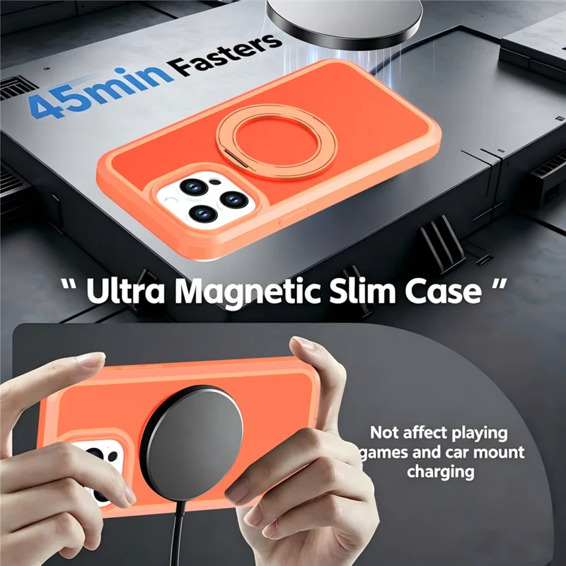 For iPhone 14 Pro Max Magnetic Case Rotating Kickstand PC + TPU Anti-Drop Phone Cover - Orange