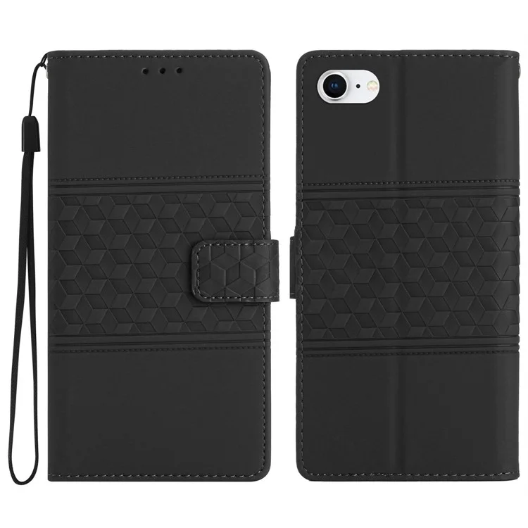 For iPhone 6  / 7 / 8 4.7 inch / 6s 4.7-inch / SE (2020) / SE (2022) PU Leather Skin-touch Feeling Phone Cover Retro Imprinted Pattern Stand Flip Wallet Case with Strap - Black