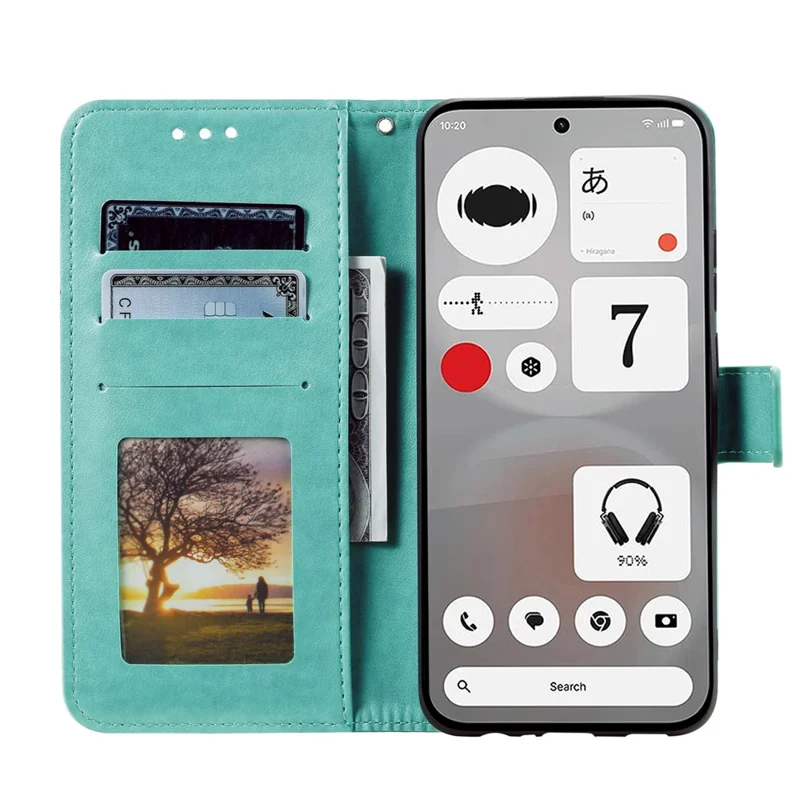 For Nothing Phone (4b) Stand Case Imprinted Totem PU Leather Wallet Phone Cover with Wrist Strap - Mint Green