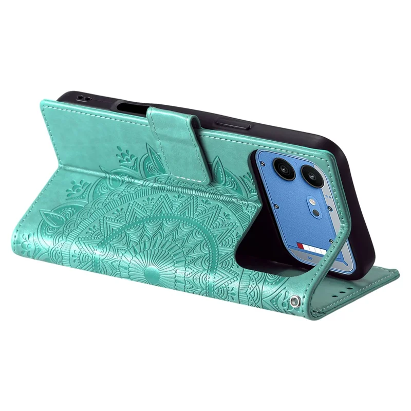 For Nothing Phone (4b) Stand Case Imprinted Totem PU Leather Wallet Phone Cover with Wrist Strap - Mint Green