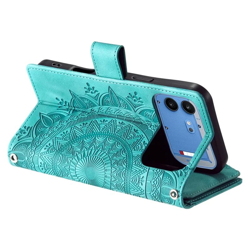 For Nothing Phone (4b) Wallet Case Mandala Flower Pattern PU Leather Phone Cover with Wrist Strap - Mint Green