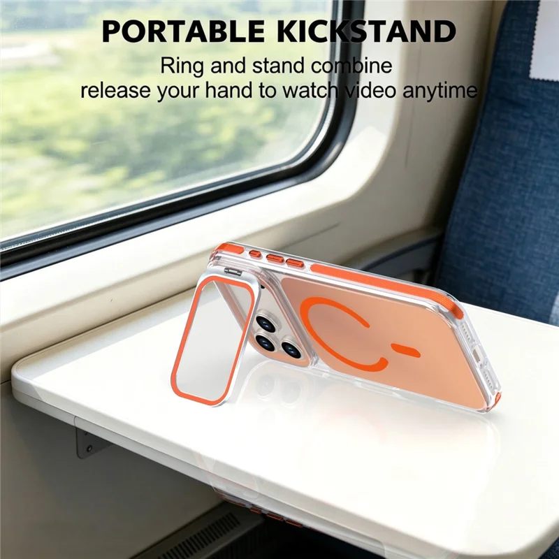 For iPhone 18 Pro  /  17 Pro Magnetic Case Camera Frame Kickstand TPU Acrylic Shockproof Phone Cover - Orange