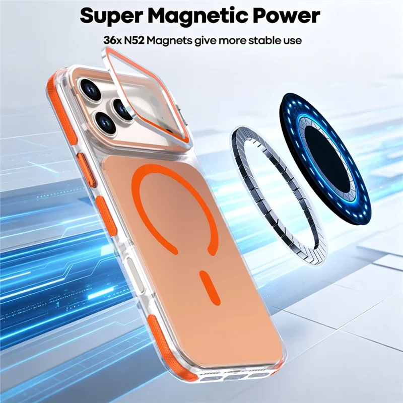 For iPhone 18 Pro  /  17 Pro Magnetic Case Camera Frame Kickstand TPU Acrylic Shockproof Phone Cover - Orange