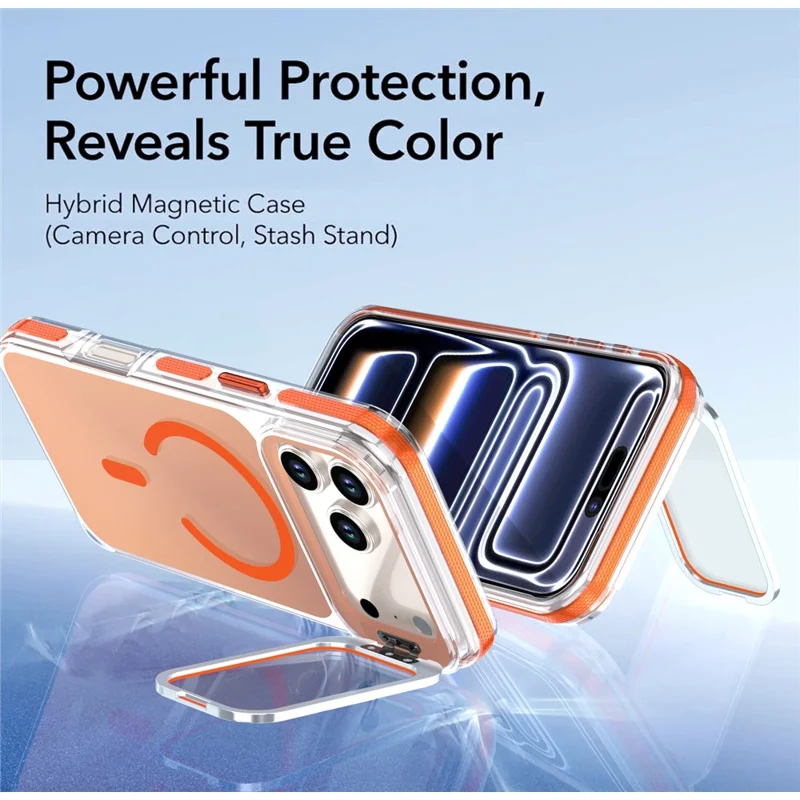 For iPhone 18 Pro  /  17 Pro Magnetic Case Camera Frame Kickstand TPU Acrylic Shockproof Phone Cover - Orange