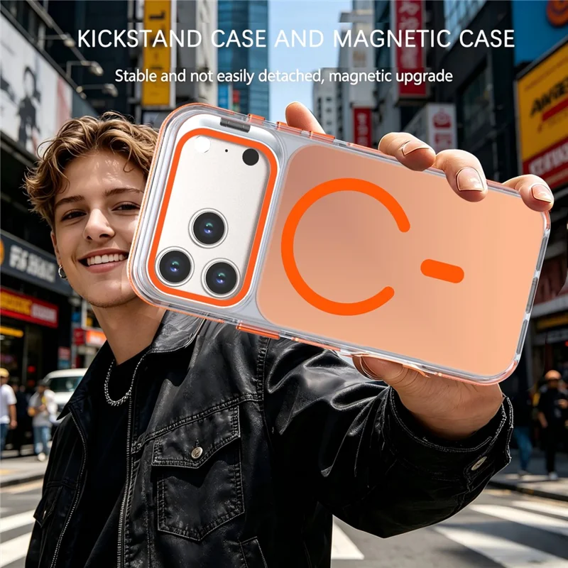 For iPhone 18 Pro  /  17 Pro Magnetic Case Camera Frame Kickstand TPU Acrylic Shockproof Phone Cover - Orange