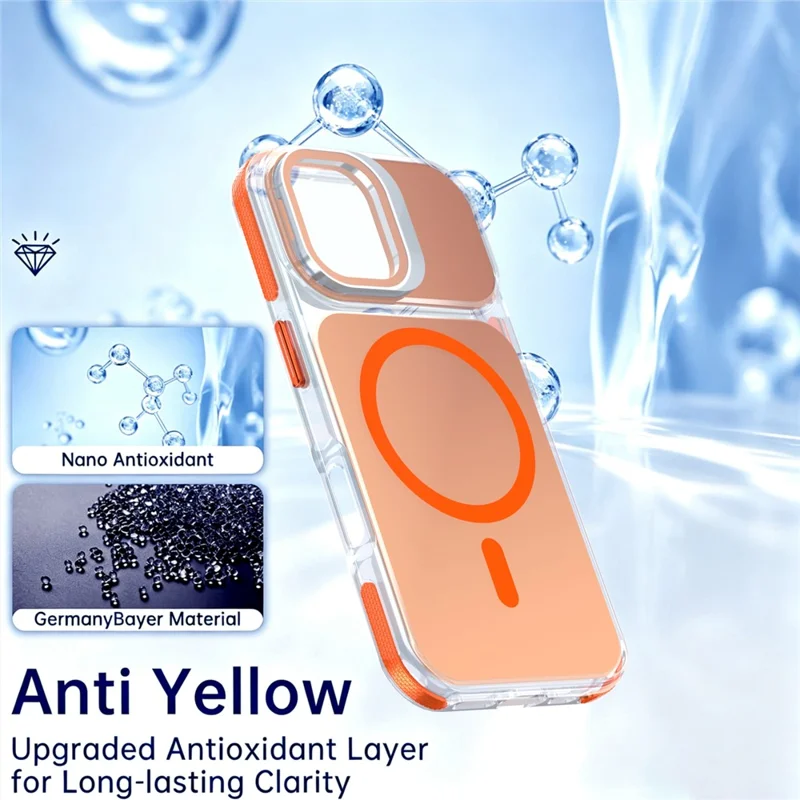 For iPhone 17 Magnetic Case Camera Frame Kickstand TPU Acrylic Shockproof Phone Cover - Orange