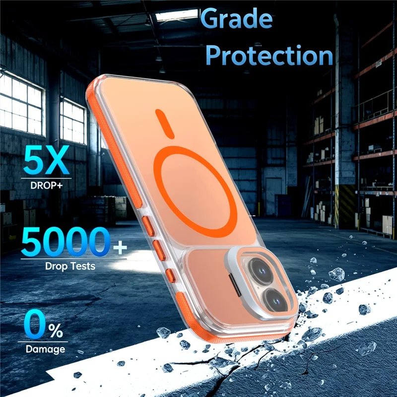 For iPhone 17 Magnetic Case Camera Frame Kickstand TPU Acrylic Shockproof Phone Cover - Orange