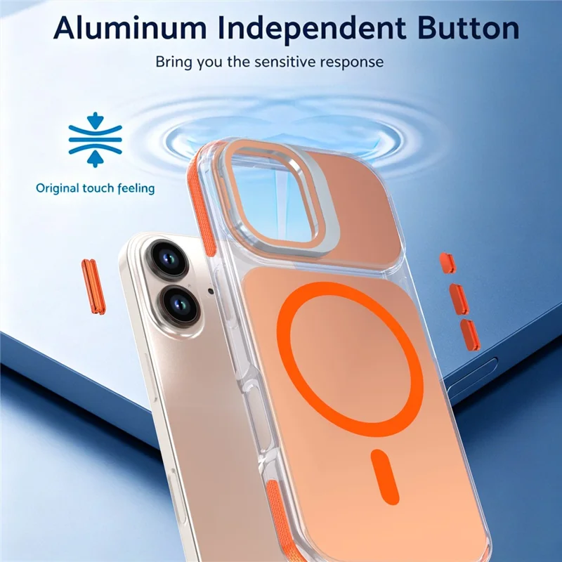 For iPhone 17 Magnetic Case Camera Frame Kickstand TPU Acrylic Shockproof Phone Cover - Orange