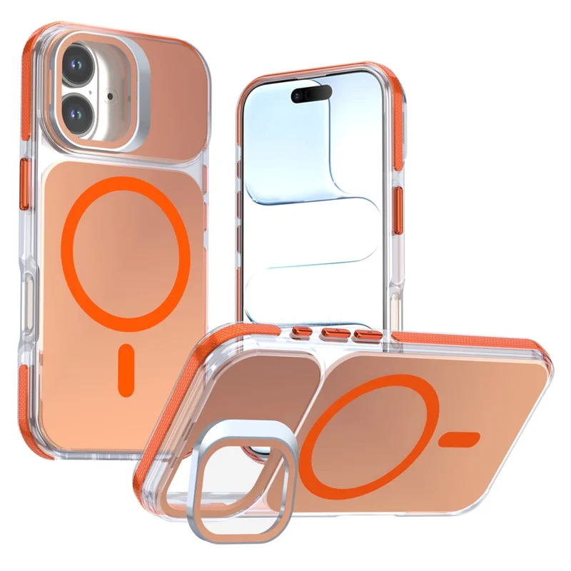 For iPhone 16 Magnetic Case Camera Frame Kickstand TPU Acrylic Shockproof Phone Cover - Orange